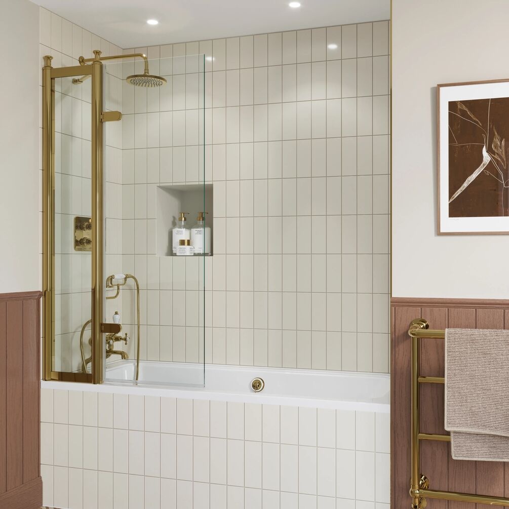 Lifestyle image of Burlington Classique Gold Hinged Inline Bath Screen